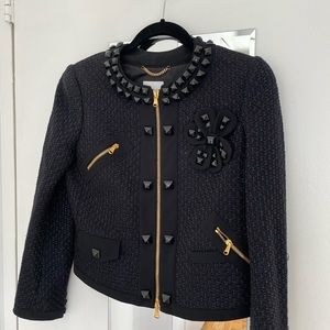 Moschino Aeffe tweed jacket with floral pin and chunky beaded detail. US size 8.